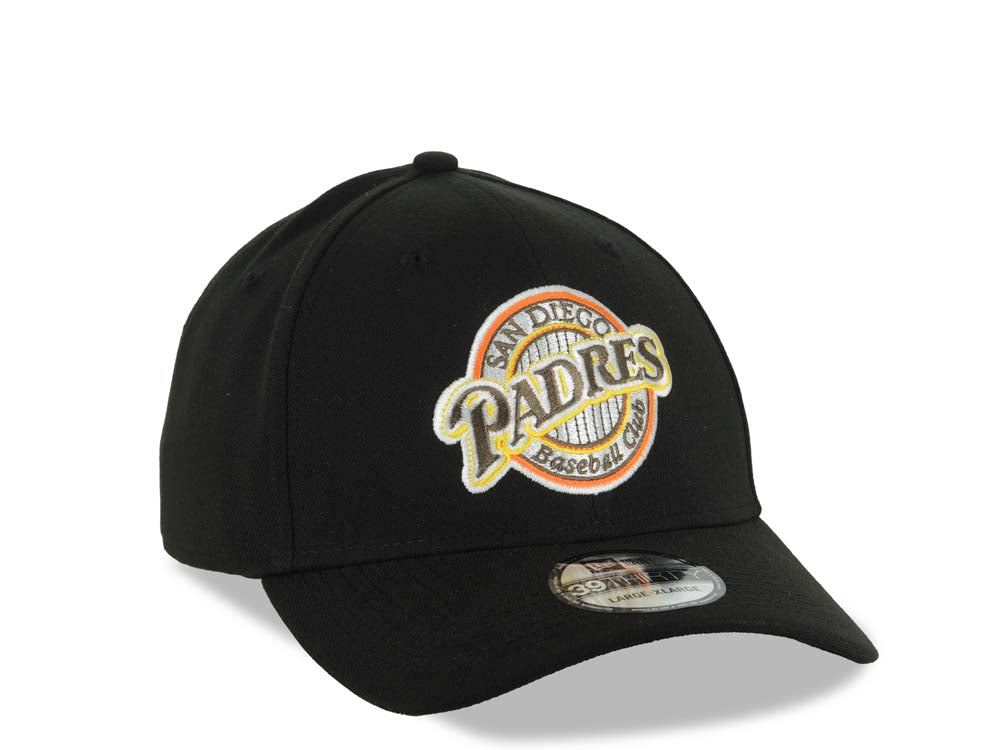 San Diego Padres New Era MLB 39THIRTY 3930 Flexfit Cap Hat Black Crown/Visor Brown/Yellow/Orange/White Baseball Club Logo Black UV