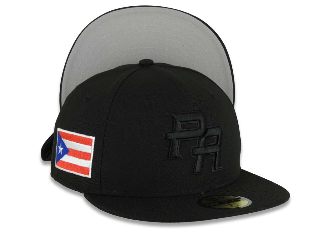 Puerto Rico New Era 59FIFTY 5950 Fitted Cap Hat Black Crown/Visor Black Logo WBC Back Logo Puerto Rico Flag Side Patch Gray UV