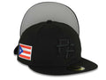 Puerto Rico New Era 59FIFTY 5950 Fitted Cap Hat Black Crown/Visor Black Logo WBC Back Logo Puerto Rico Flag Side Patch Gray UV