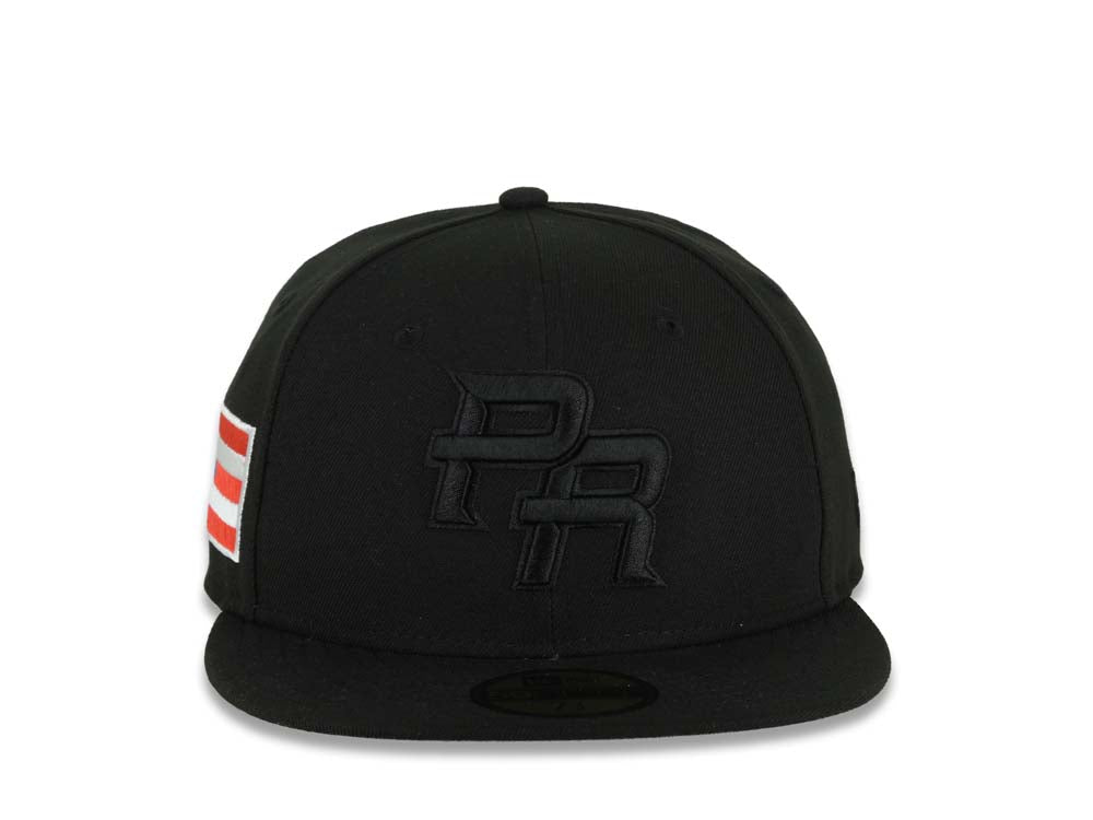 Puerto Rico New Era 59FIFTY 5950 Fitted Cap Hat Black Crown/Visor Black Logo WBC Back Logo Puerto Rico Flag Side Patch Gray UV