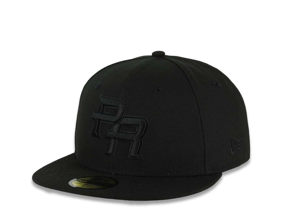 Puerto Rico New Era 59FIFTY 5950 Fitted Cap Hat Black Crown/Visor Black Logo WBC Back Logo Puerto Rico Flag Side Patch Gray UV