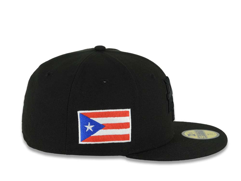 Puerto Rico New Era 59FIFTY 5950 Fitted Cap Hat Black Crown/Visor Black Logo WBC Back Logo Puerto Rico Flag Side Patch Gray UV