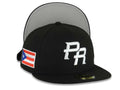Puerto Rico New Era 59FIFTY 5950 Fitted Cap Hat Black Crown/Visor White Logo WBC Back Logo Puerto Rico Flag Side Patch Gray UV
