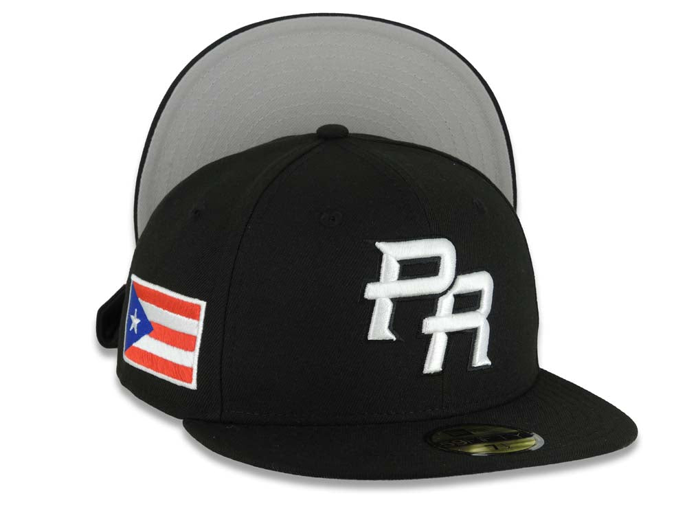 Puerto Rico New Era 59FIFTY 5950 Fitted Cap Hat Black Crown/Visor White Logo WBC Back Logo Puerto Rico Flag Side Patch Gray UV