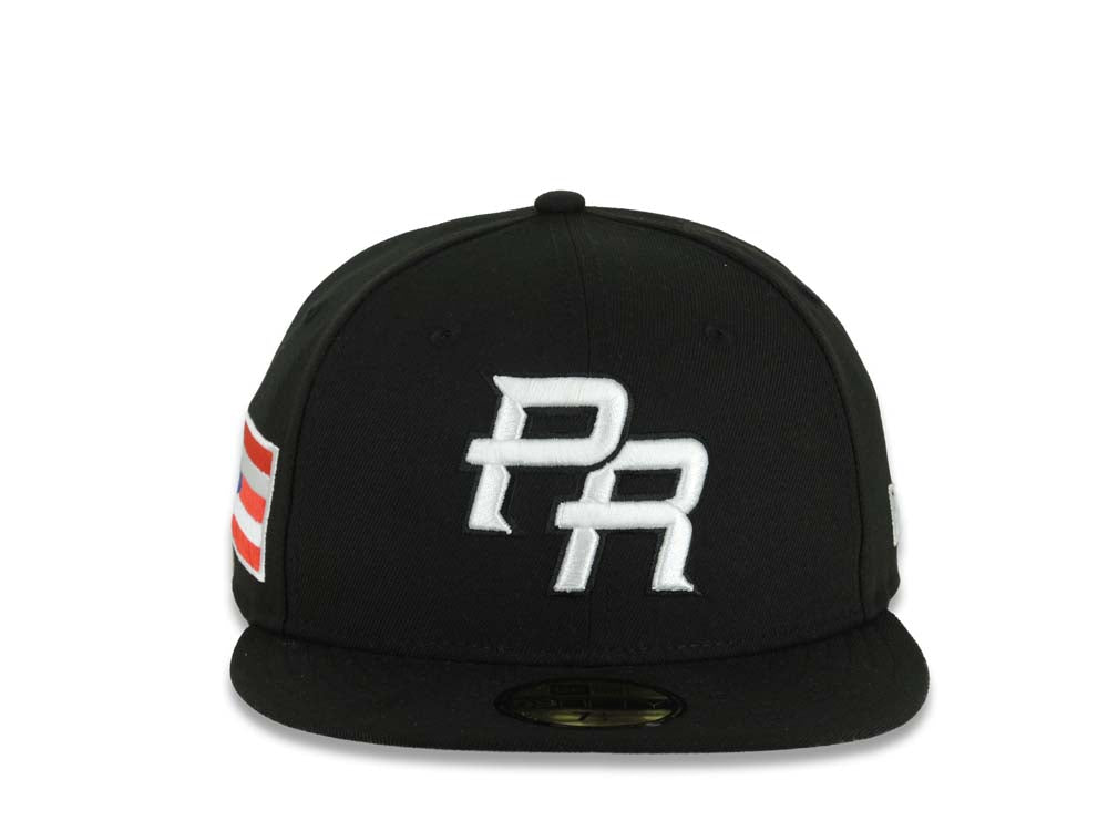 Puerto Rico New Era 59FIFTY 5950 Fitted Cap Hat Black Crown/Visor White Logo WBC Back Logo Puerto Rico Flag Side Patch Gray UV