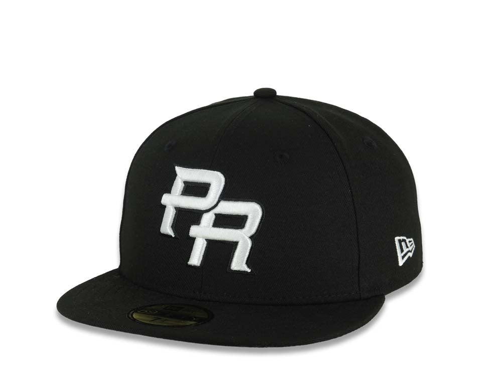 Puerto Rico New Era 59FIFTY 5950 Fitted Cap Hat Black Crown/Visor White Logo WBC Back Logo Puerto Rico Flag Side Patch Gray UV