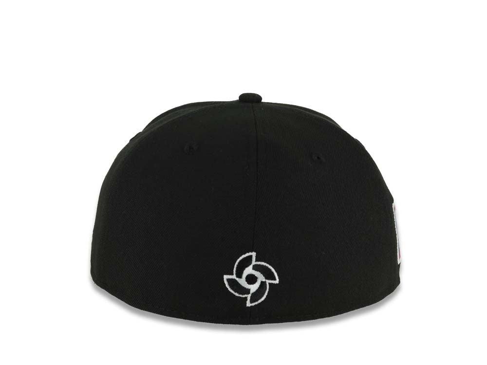 Puerto Rico New Era 59FIFTY 5950 Fitted Cap Hat Black Crown/Visor White Logo WBC Back Logo Puerto Rico Flag Side Patch Gray UV