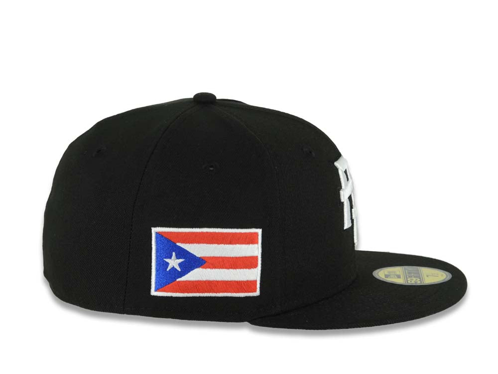 Puerto Rico New Era 59FIFTY 5950 Fitted Cap Hat Black Crown/Visor White Logo WBC Back Logo Puerto Rico Flag Side Patch Gray UV