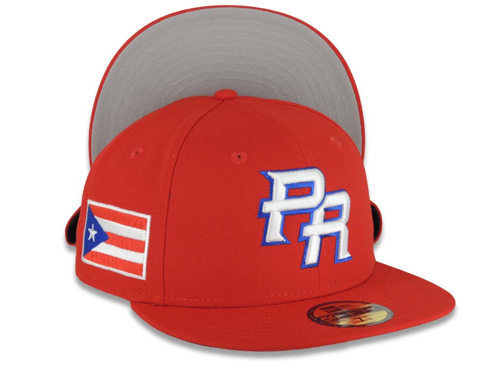 Puerto Rico New Era 59FIFTY 5950 Fitted Cap Hat Red Crown/Visor White/Royal Blue Logo WBC Back Logo Puerto Rico Flag Side Patch Gray UV