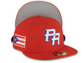 Puerto Rico New Era 59FIFTY 5950 Fitted Cap Hat Red Crown/Visor White/Royal Blue Logo WBC Back Logo Puerto Rico Flag Side Patch Gray UV