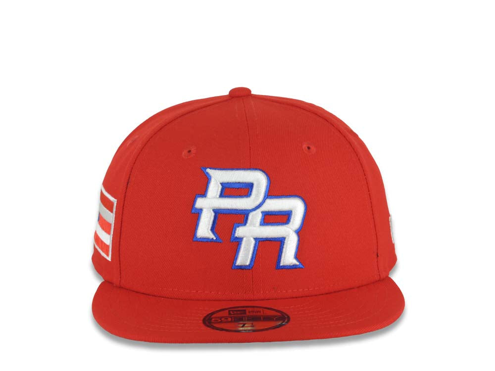 Puerto Rico New Era 59FIFTY 5950 Fitted Cap Hat Red Crown/Visor White/Royal Blue Logo WBC Back Logo Puerto Rico Flag Side Patch Gray UV
