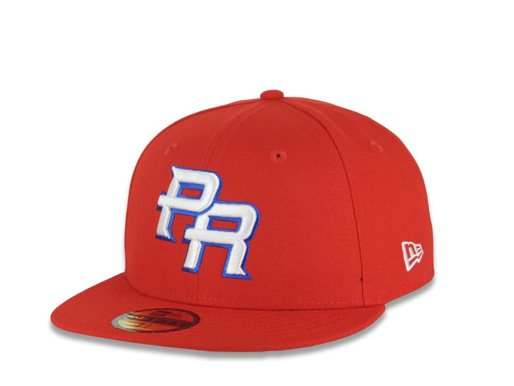 Puerto Rico New Era 59FIFTY 5950 Fitted Cap Hat Red Crown/Visor White/Royal Blue Logo WBC Back Logo Puerto Rico Flag Side Patch Gray UV
