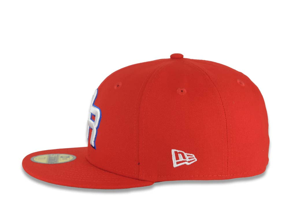 Puerto Rico New Era 59FIFTY 5950 Fitted Cap Hat Red Crown/Visor White/Royal Blue Logo WBC Back Logo Puerto Rico Flag Side Patch Gray UV