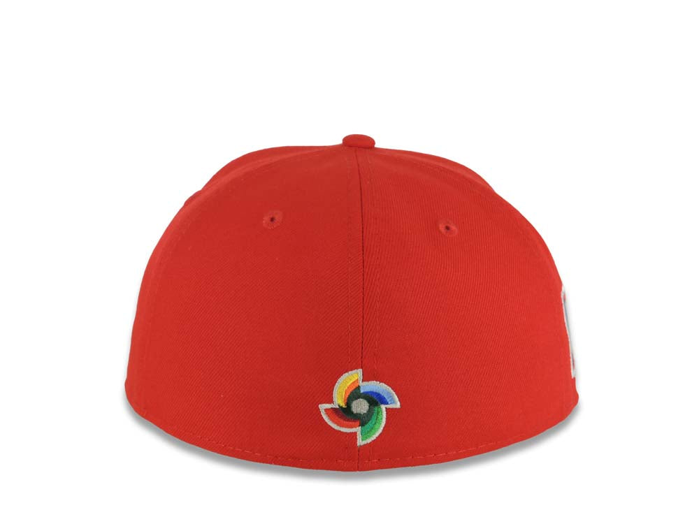 Puerto Rico New Era 59FIFTY 5950 Fitted Cap Hat Red Crown/Visor White/Royal Blue Logo WBC Back Logo Puerto Rico Flag Side Patch Gray UV