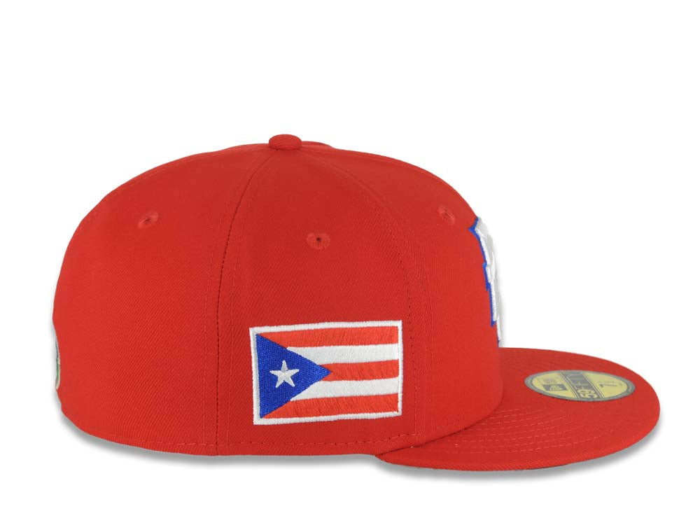 Puerto Rico New Era 59FIFTY 5950 Fitted Cap Hat Red Crown/Visor White/Royal Blue Logo WBC Back Logo Puerto Rico Flag Side Patch Gray UV