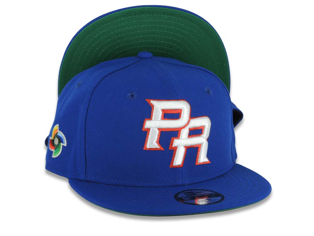(Youth)Puerto Rico New Era 9FIFTY 950 Kid Snapback Cap Hat Royal Blue Crown/Visor White/Red Logo WBC Logo Side Patch Green UV