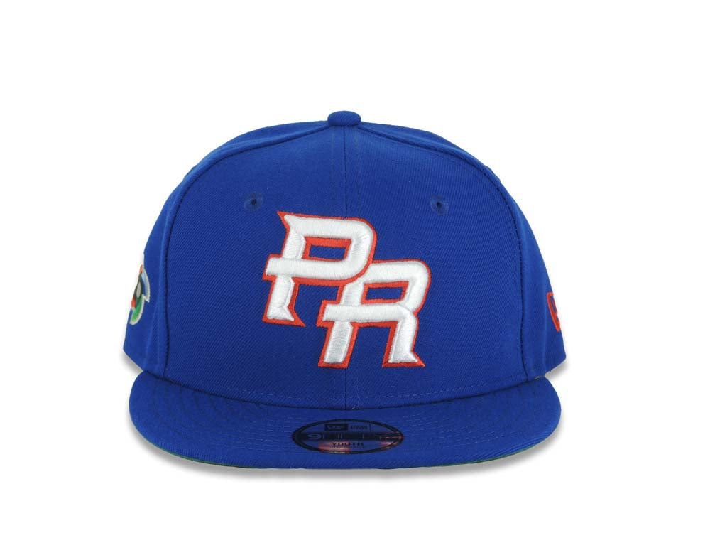 (Youth)Puerto Rico New Era 9FIFTY 950 Kid Snapback Cap Hat Royal Blue Crown/Visor White/Red Logo WBC Logo Side Patch Green UV