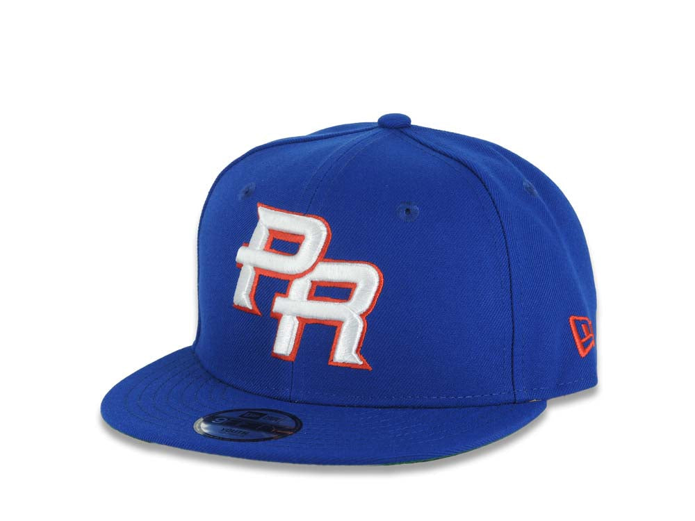 (Youth)Puerto Rico New Era 9FIFTY 950 Kid Snapback Cap Hat Royal Blue Crown/Visor White/Red Logo WBC Logo Side Patch Green UV