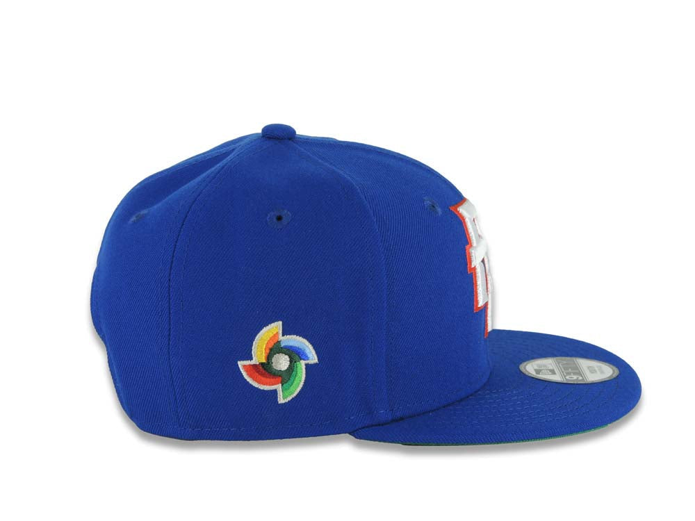 (Youth)Puerto Rico New Era 9FIFTY 950 Kid Snapback Cap Hat Royal Blue Crown/Visor White/Red Logo WBC Logo Side Patch Green UV