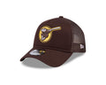 San Diego Padres New Era MLB 9FORTY 940 Adjustable A-Frame Mesh/Trucker Cap Hat Dark Brown Crown/Visor Yellow Swinging Friar Logo