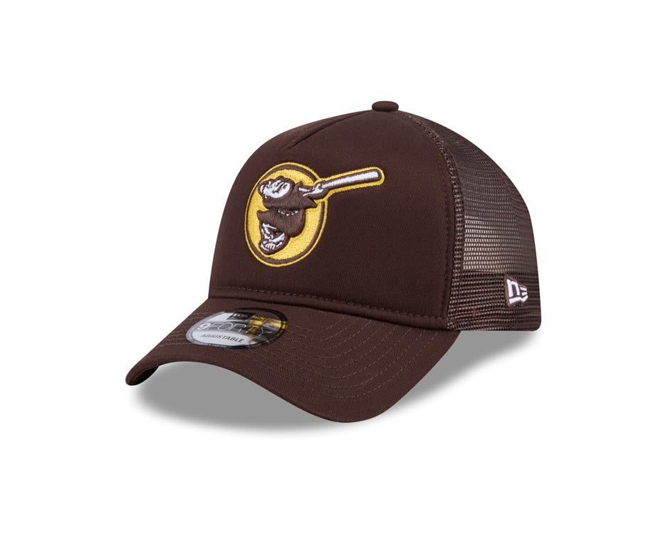 San Diego Padres New Era MLB 9FORTY 940 Adjustable A-Frame Mesh/Trucker Cap Hat Dark Brown Crown/Visor Yellow Swinging Friar Logo