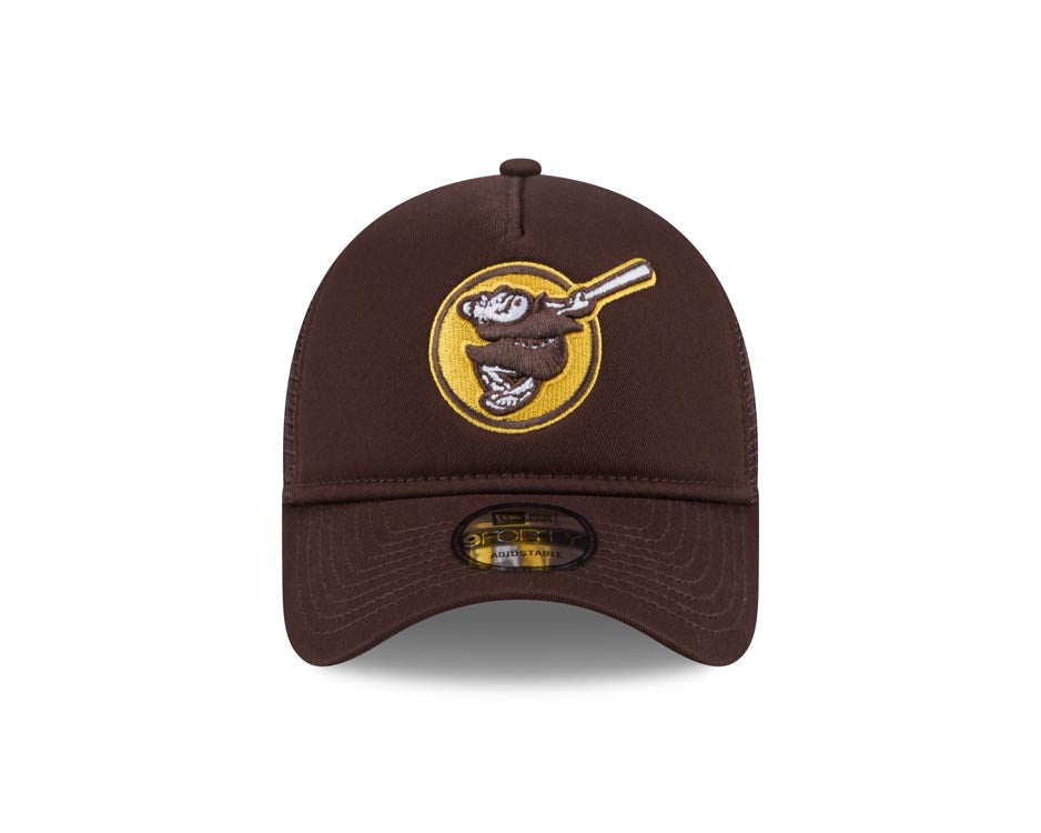 San Diego Padres New Era MLB 9FORTY 940 Adjustable A-Frame Mesh/Trucker Cap Hat Dark Brown Crown/Visor Yellow Swinging Friar Logo