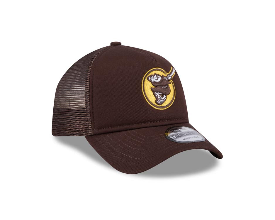 San Diego Padres New Era MLB 9FORTY 940 Adjustable A-Frame Mesh/Trucker Cap Hat Dark Brown Crown/Visor Yellow Swinging Friar Logo