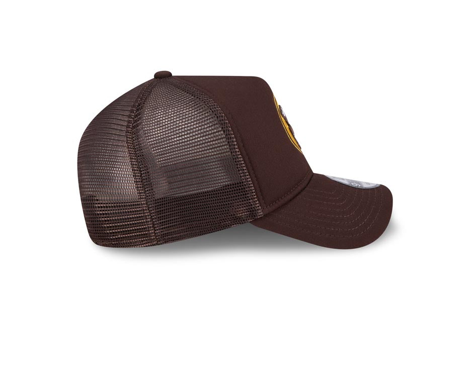 San Diego Padres New Era MLB 9FORTY 940 Adjustable A-Frame Mesh/Trucker Cap Hat Dark Brown Crown/Visor Yellow Swinging Friar Logo