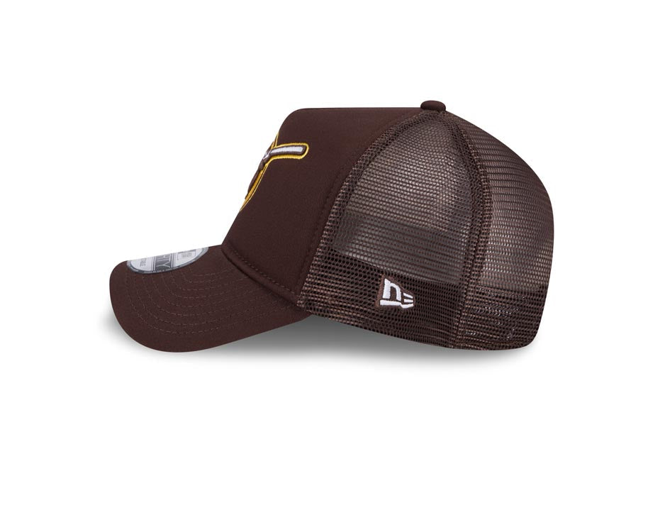 San Diego Padres New Era MLB 9FORTY 940 Adjustable A-Frame Mesh/Trucker Cap Hat Dark Brown Crown/Visor Yellow Swinging Friar Logo