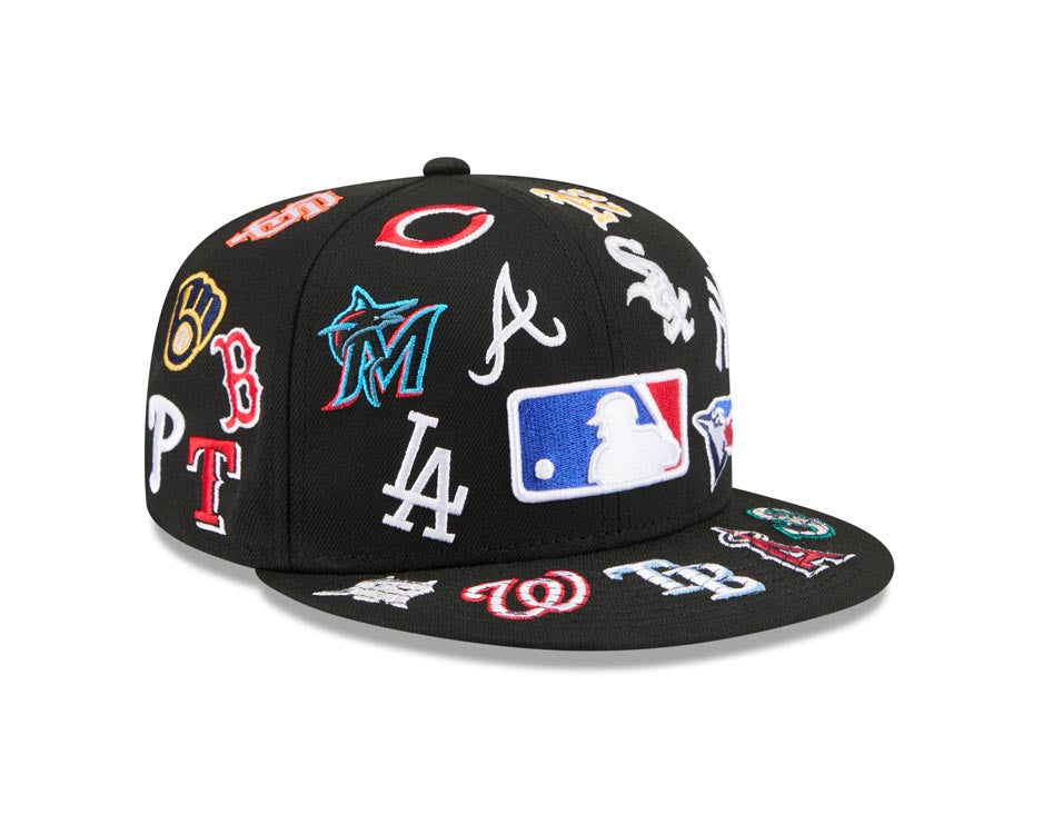 MLB Teams New Era 59FIFTY 5950 Fitted Cap Hat Black Crown/Visor All MLB Team Logos Gray UV (Allover)