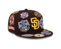 San Diego Padres New Era MLB 59FIFTY 5950 Fitted Cap Hat Dark Brown Crown/Visor Yellow Logo All MLB Team Logos Gray UV (Allover)