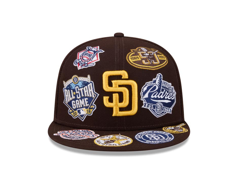 San Diego Padres New Era MLB 59FIFTY 5950 Fitted Cap Hat Dark Brown Crown/Visor Yellow Logo All MLB Team Logos Gray UV (Allover)