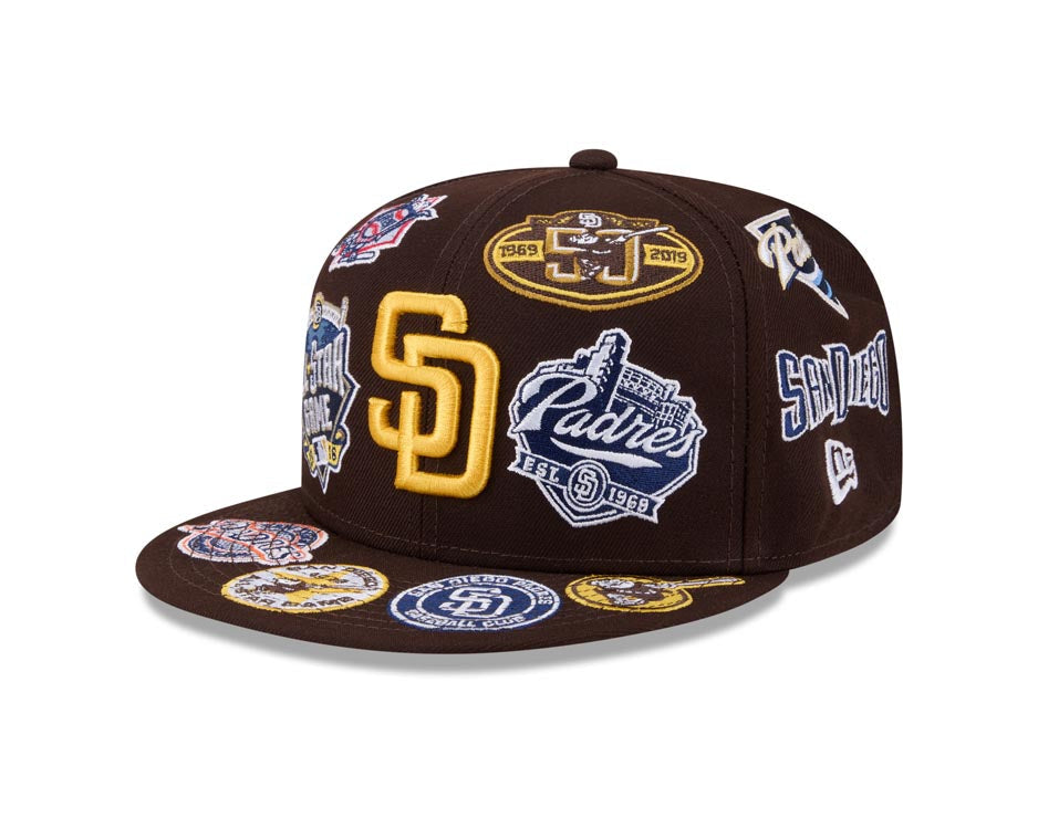 San Diego Padres New Era MLB 59FIFTY 5950 Fitted Cap Hat Dark Brown Crown/Visor Yellow Logo All MLB Team Logos Gray UV (Allover)