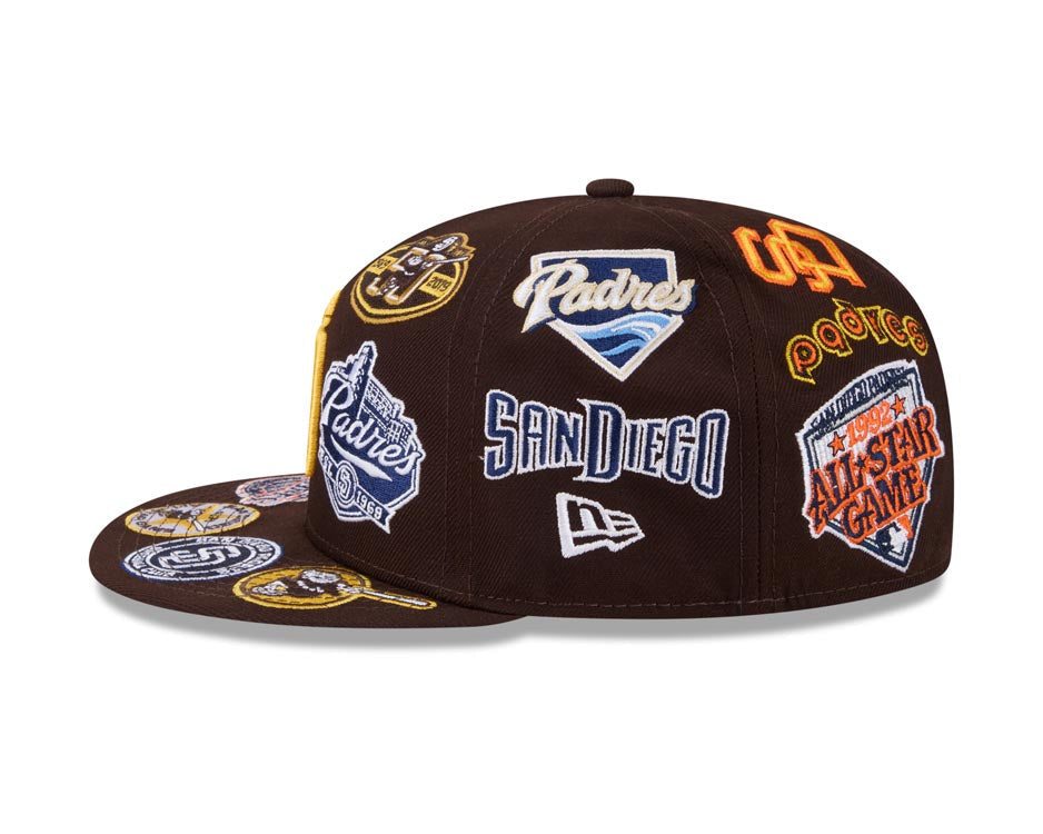 San Diego Padres New Era MLB 59FIFTY 5950 Fitted Cap Hat Dark Brown Crown/Visor Yellow Logo All MLB Team Logos Gray UV (Allover)