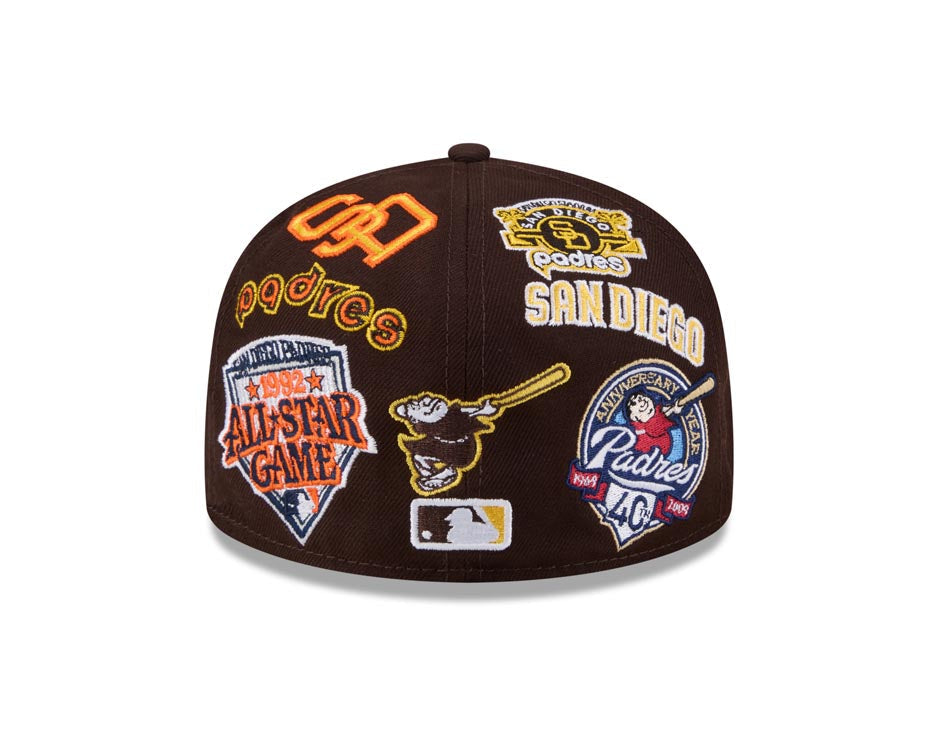 San Diego Padres New Era MLB 59FIFTY 5950 Fitted Cap Hat Dark Brown Crown/Visor Yellow Logo All MLB Team Logos Gray UV (Allover)