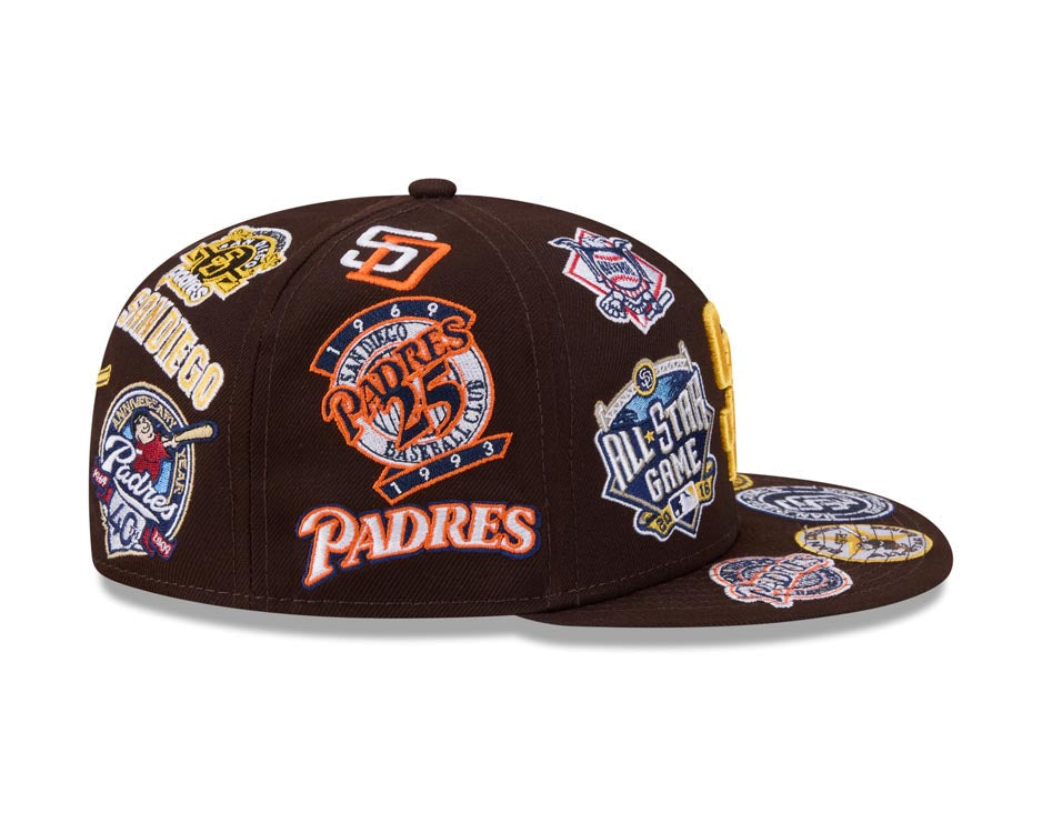 San Diego Padres New Era MLB 59FIFTY 5950 Fitted Cap Hat Dark Brown Crown/Visor Yellow Logo All MLB Team Logos Gray UV (Allover)