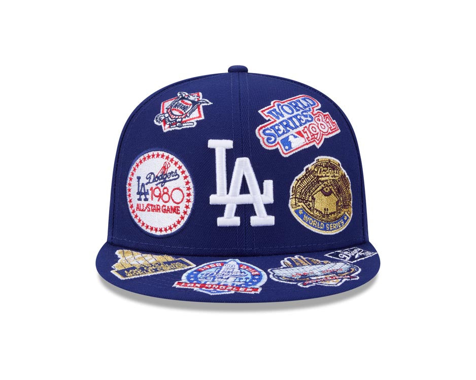 Los Angeles Dodgers New Era MLB 59FIFTY 5950 Fitted Cap Hat Dark Royal Crown/Visor White Logo All MLB Team Logos Gray UV (Allover)
