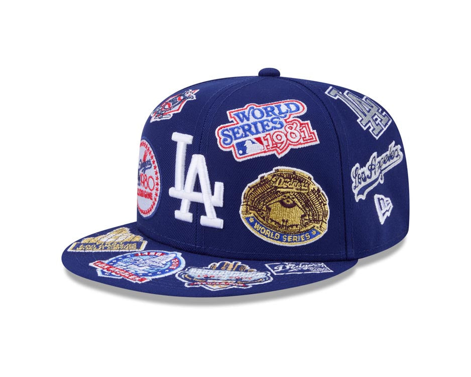 Los Angeles Dodgers New Era MLB 59FIFTY 5950 Fitted Cap Hat Dark Royal Crown/Visor White Logo All MLB Team Logos Gray UV (Allover)