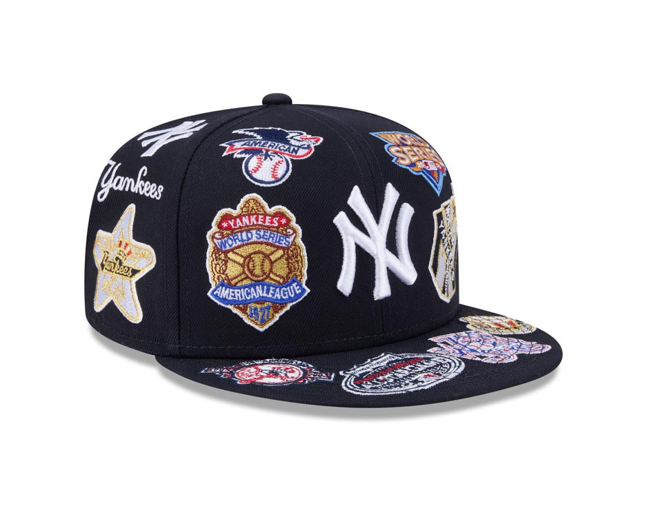 New York Yankees New Era MLB 59FIFTY 5950 Fitted Cap Hat Navy Blue Crown/Visor White Logo All MLB Team Logos Gray UV (Allover)