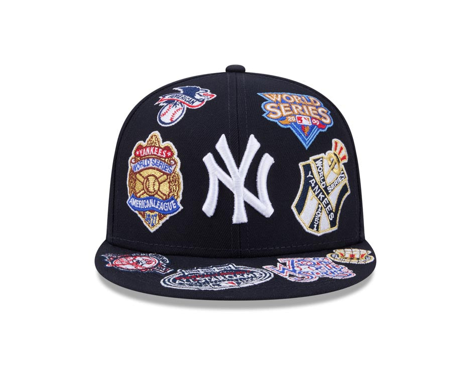 New York Yankees New Era MLB 59FIFTY 5950 Fitted Cap Hat Navy Blue Crown/Visor White Logo All MLB Team Logos Gray UV (Allover)