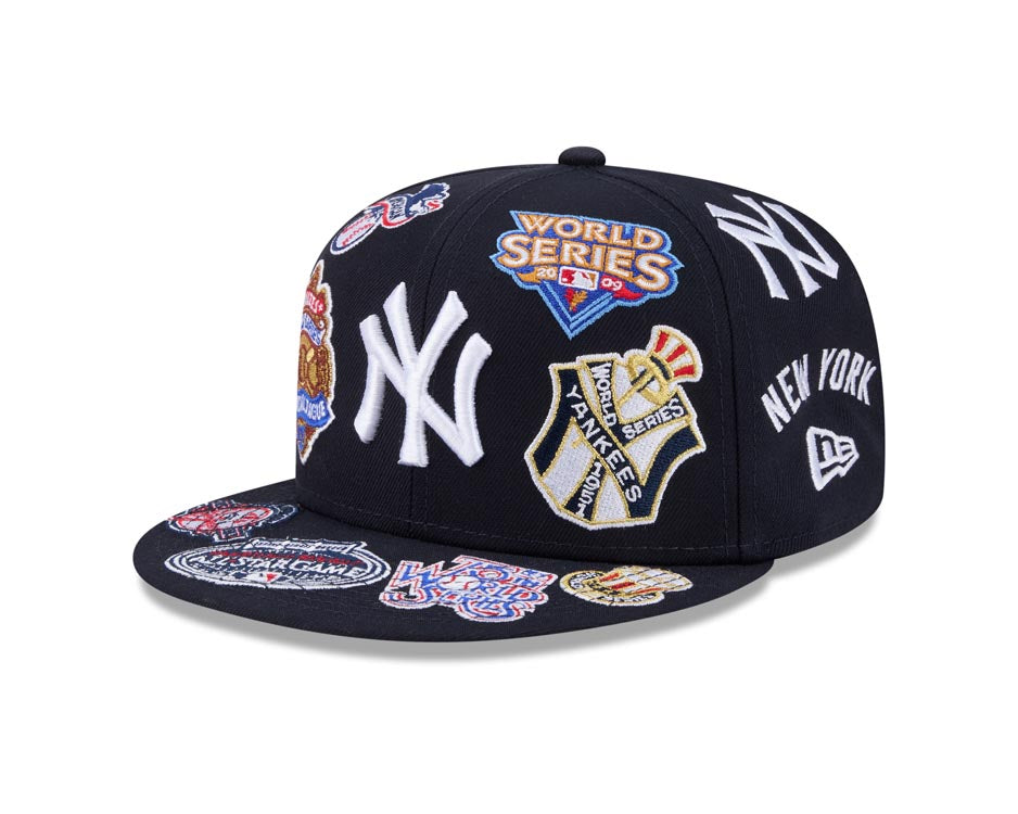 New York Yankees New Era MLB 59FIFTY 5950 Fitted Cap Hat Navy Blue Crown/Visor White Logo All MLB Team Logos Gray UV (Allover)