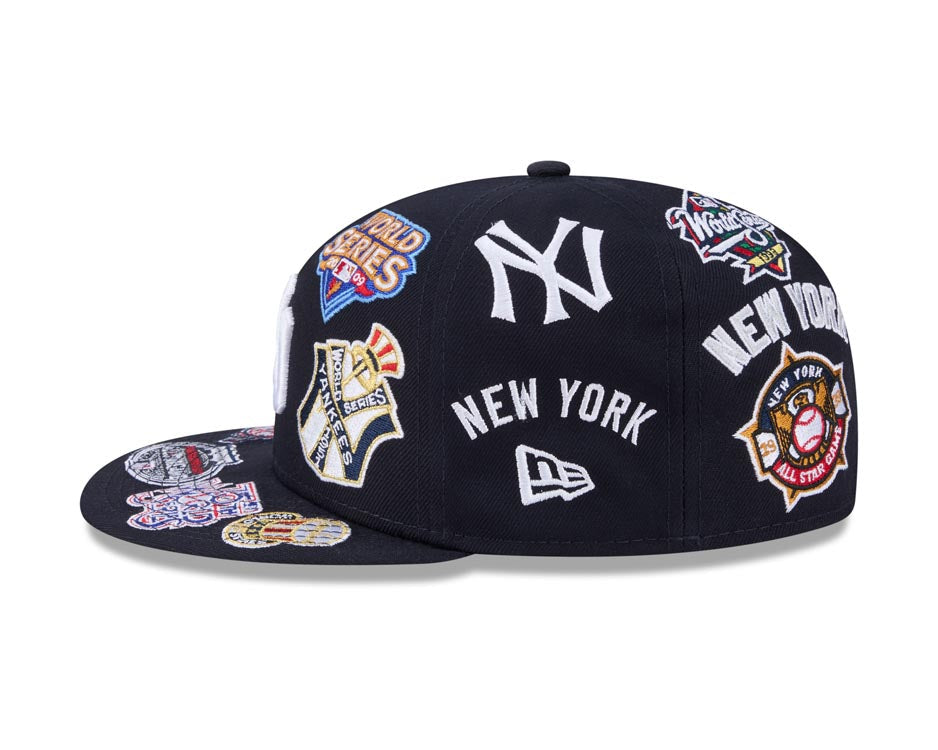 New York Yankees New Era MLB 59FIFTY 5950 Fitted Cap Hat Navy Blue Crown/Visor White Logo All MLB Team Logos Gray UV (Allover)