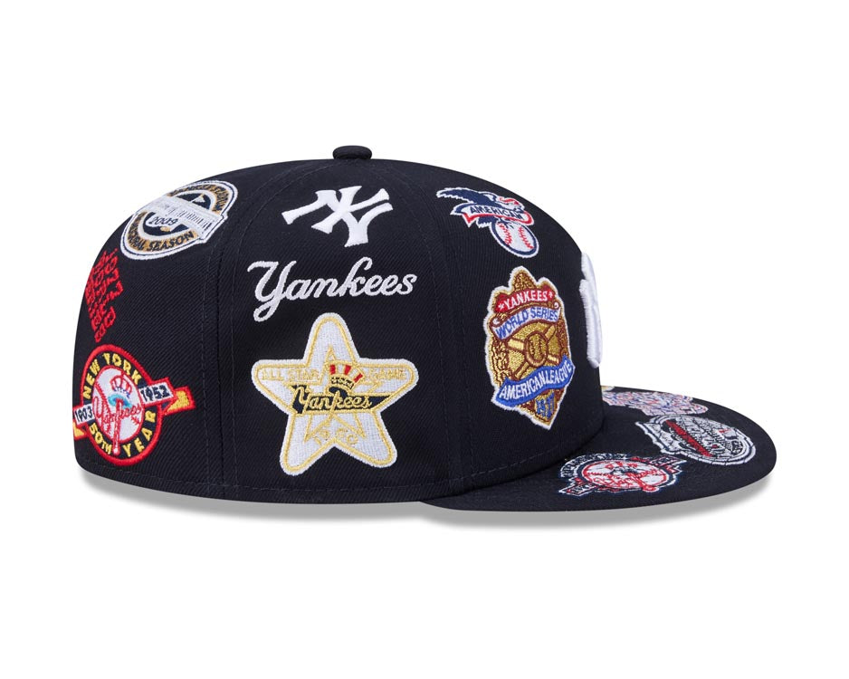 New York Yankees New Era MLB 59FIFTY 5950 Fitted Cap Hat Navy Blue Crown/Visor White Logo All MLB Team Logos Gray UV (Allover)