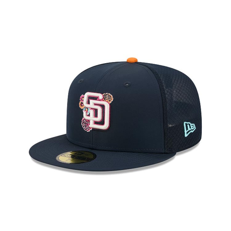 San Diego Padres New Era MLB 59FIFTY 5950 Fitted Trucker/Mesh Cap Hat Navy Blue Crown/Visor White/Magenta Logo (2026 City Connect Batting Practice)
