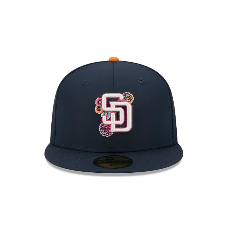 San Diego Padres New Era MLB 59FIFTY 5950 Fitted Trucker/Mesh Cap Hat Navy Blue Crown/Visor White/Magenta Logo (2026 City Connect Batting Practice)
