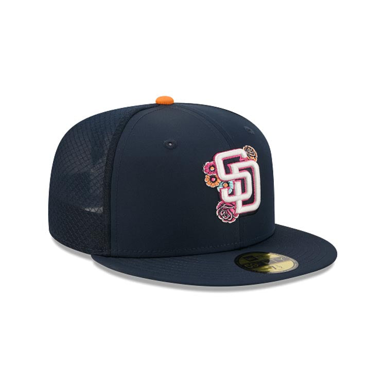San Diego Padres New Era MLB 59FIFTY 5950 Fitted Trucker/Mesh Cap Hat Navy Blue Crown/Visor White/Magenta Logo (2026 City Connect Batting Practice)