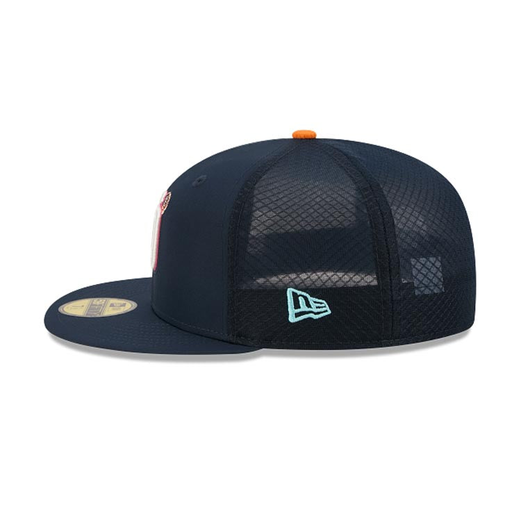 San Diego Padres New Era MLB 59FIFTY 5950 Fitted Trucker/Mesh Cap Hat Navy Blue Crown/Visor White/Magenta Logo (2026 City Connect Batting Practice)