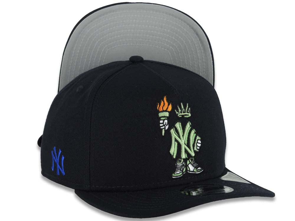 New York Yankees New Era MLB 9FIFTY 950 A-Frame Snapback Cap Hat Navy Blue Crown/Visor Green/Orange Liberty Cartoon Logo NY Side Patch Gray UV