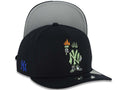 New York Yankees New Era MLB 9FIFTY 950 A-Frame Snapback Cap Hat Navy Blue Crown/Visor Green/Orange Liberty Cartoon Logo NY Side Patch Gray UV