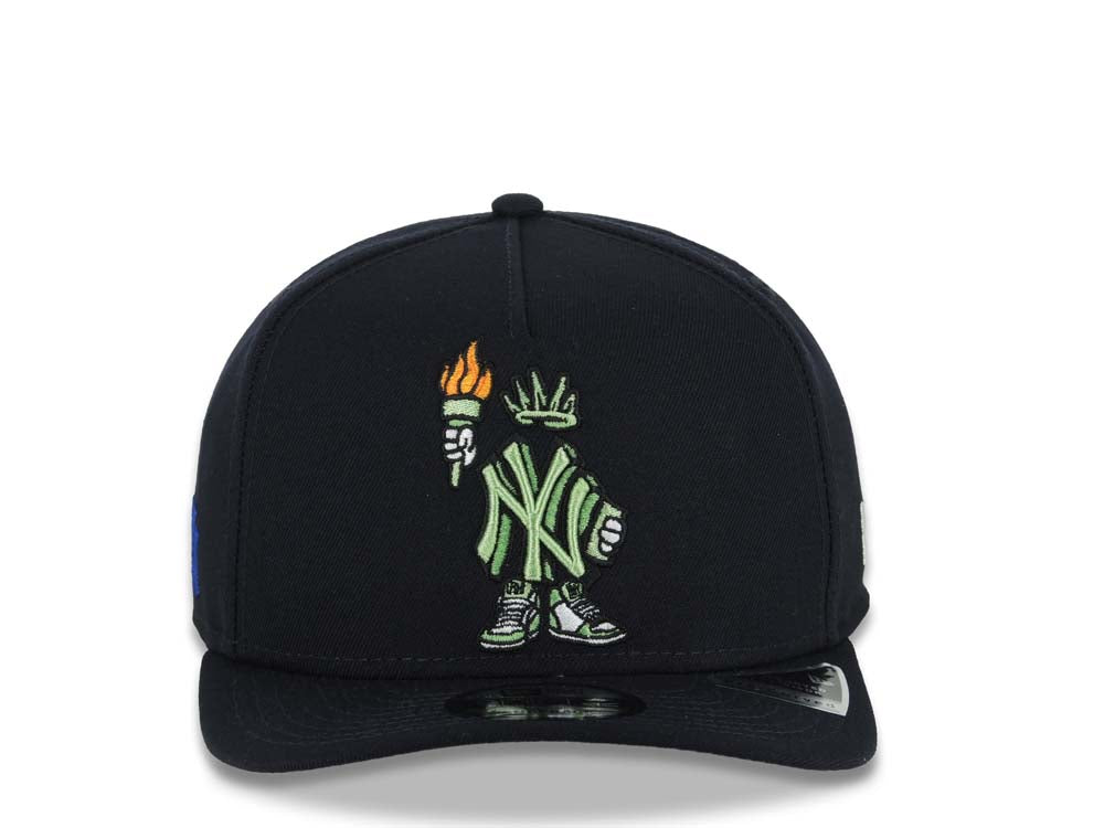 New York Yankees New Era MLB 9FIFTY 950 A-Frame Snapback Cap Hat Navy Blue Crown/Visor Green/Orange Liberty Cartoon Logo NY Side Patch Gray UV